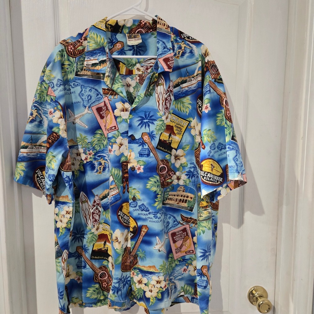 Winnie Fashion Hawaiian Shirt Mens 4XL Blue Postcard Print Made Hawaii Excellent